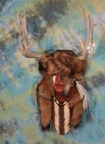 Native American Indian Made Decorative Mask with Deer Antlers & Tanned Animal Skin