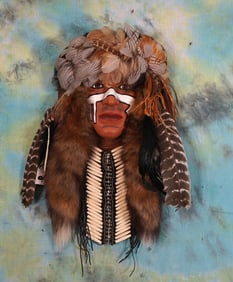 Native American Indian Handmade Wall Mask with Quail & Turkey Feathers