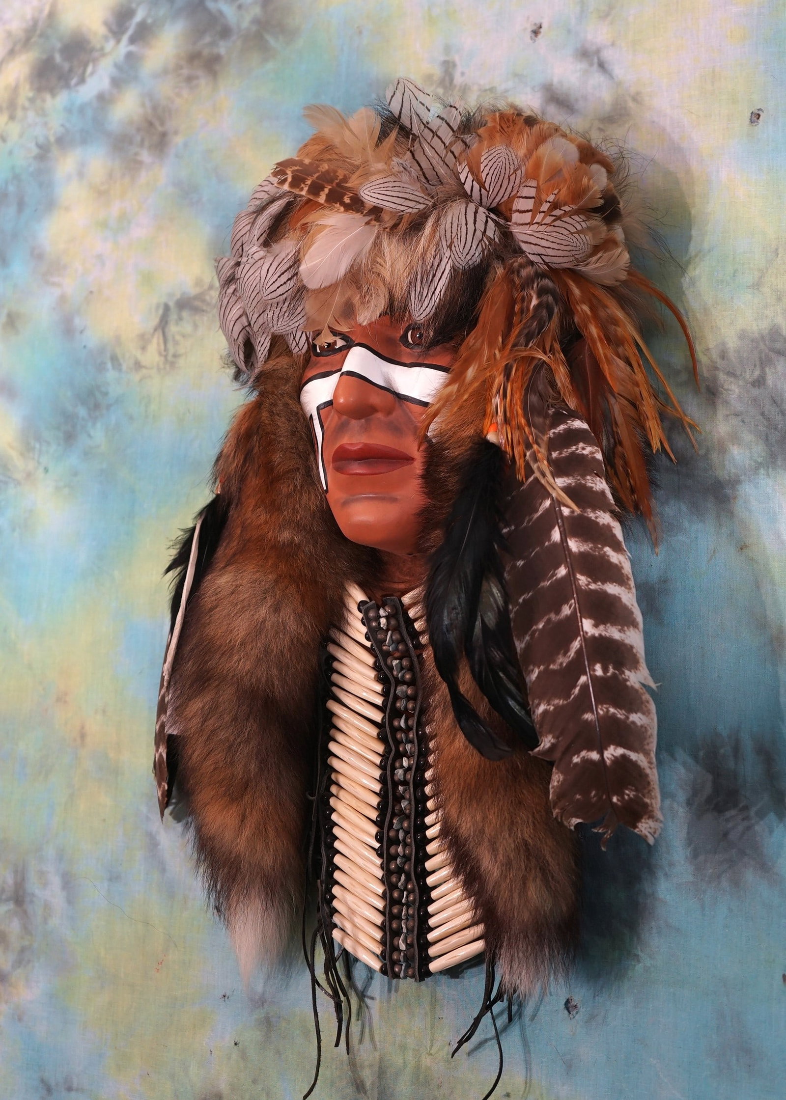 Native American Indian Handmade Wall Mask with Quail & Turkey Feathers (1 of 2)