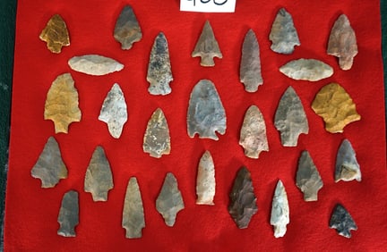 Large New Display Case of 27 Authentic Native American Spear Points and Arrowheads