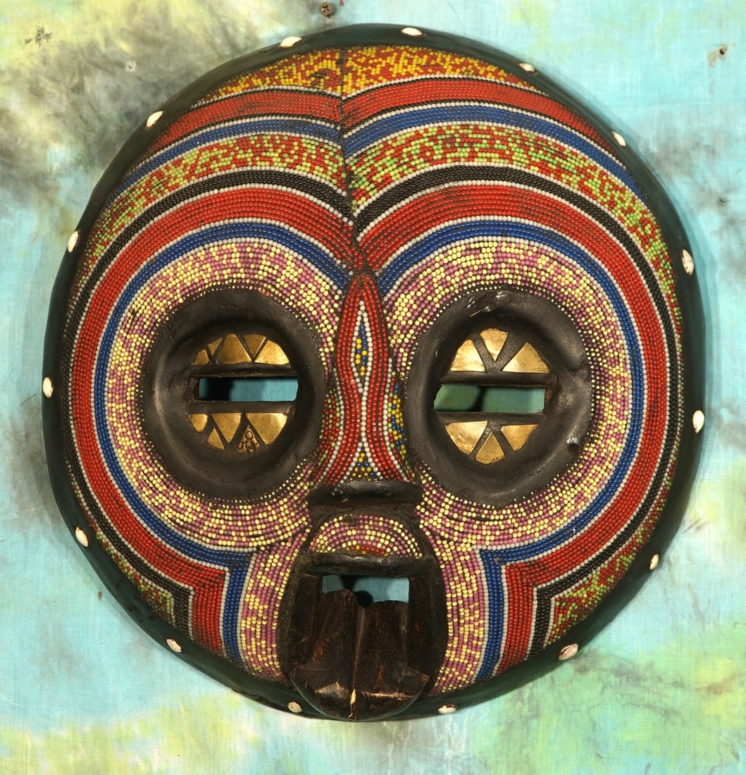 Large Round Beaded Handmade African Mask (1 of 2)
