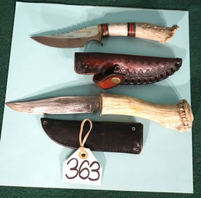 Pair of Antler Handled Bowie Knives with Good Leather Sheaths