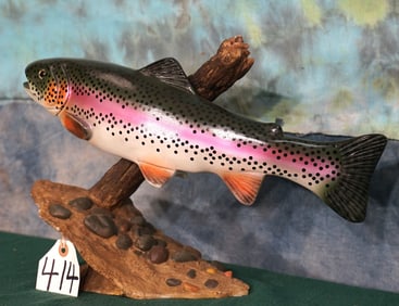 Wood Carved Rainbow Trout Pedestal Fish in Habitat