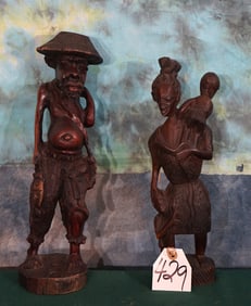African Wood Carved Man & Woman Statues