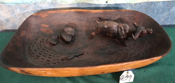 African Wood Carved Bowl with Cape Buffalo & Crocodile Carved in