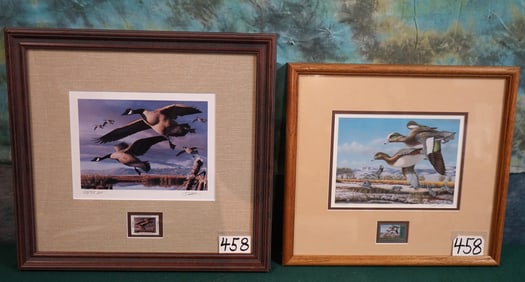 Pair of Framed Prints of Ducks and Geese along with Migratory Stamps