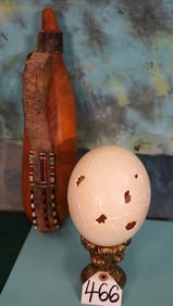 Nicely Carved Ostrich Egg on Display with African Bushman's Water Bottle