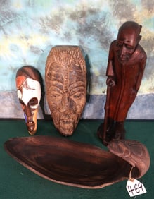 African Wood Carved Fish Serving Platter with Old Man Carved Statue, & Two Decorative Mask