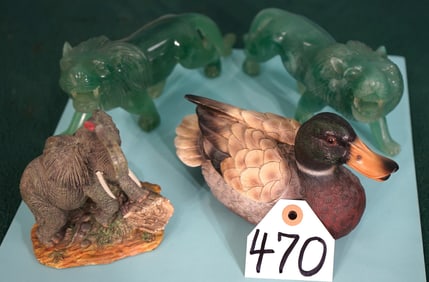 Mallard Duck Jewelry Box & Pair of Jade Looking African Lions with Small Ceramic Elephant