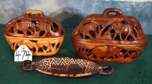 Two African Hand Carved Letter Holding Baskets & Nice Small Snack Tray