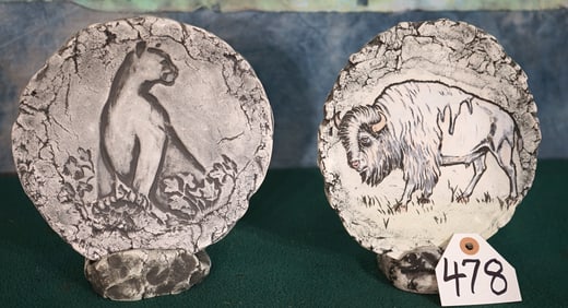 Two Very Nice Ceramic Clay Disk of a Bison & a Mountain Lion with Stands