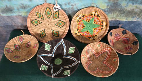 Four African Handmade Bread & Fruit Baskets & Two Hot Plate Pads