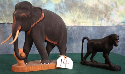 African Wood Hand Carved Baboon and Elephant Decorations