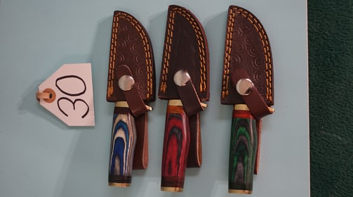 Three Brand New Colorful Hunting Knives with Leather Sheaths