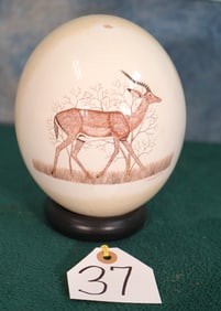 Ostrich Egg with Impala Ram Painted on it, with Stand Trophy Room Decor