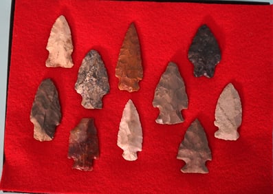 New Display Case with 10 Authentic Arrowheads and Spear Points