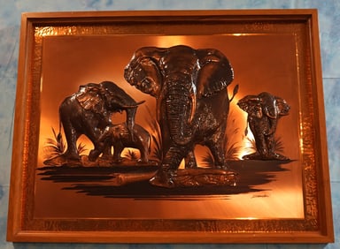 Framed Copper Formed Picture of a African Elephant Family