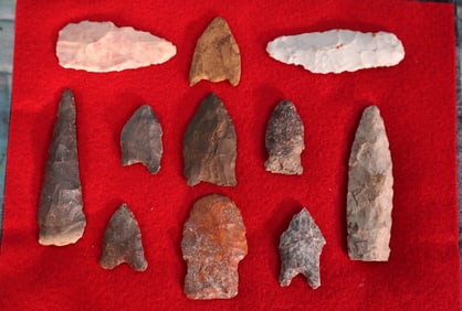 (11) Authentic Paleo Points and Tools Arrowheads in Display Case