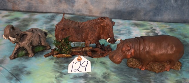 Hippo, Warthog, Resin Elephant, and Carved Wood Statues