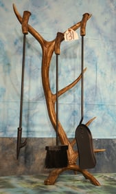 Three Fireplace Utensils Hanging on Stand made from Deer and Elk Antlers