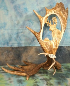 Unique Moose Antler Carving with a Big Whitetail Buck Carved into the Palm
