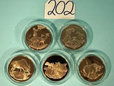 East African Wildlife Society set of Five 3 0z. Solid Bronze Animal Coins