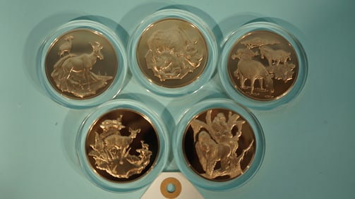 Five East African Wildlife Society 3 0z. Solid Bronze Animal Coins