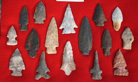 (16) Larger Authentic Spear Point and Arrowhead Artifacts in New Display Case