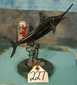 Blue Marlin Bronze on Green Marble Base