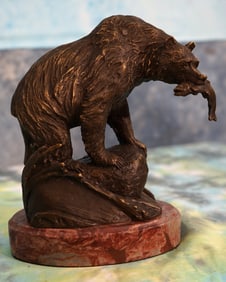 Brown Bear with Salmon Bronze on beautiful Marble Base by Jim Ponzer