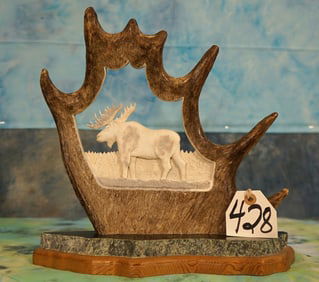 Very Nice Moose Antler Carving on Marble Base
