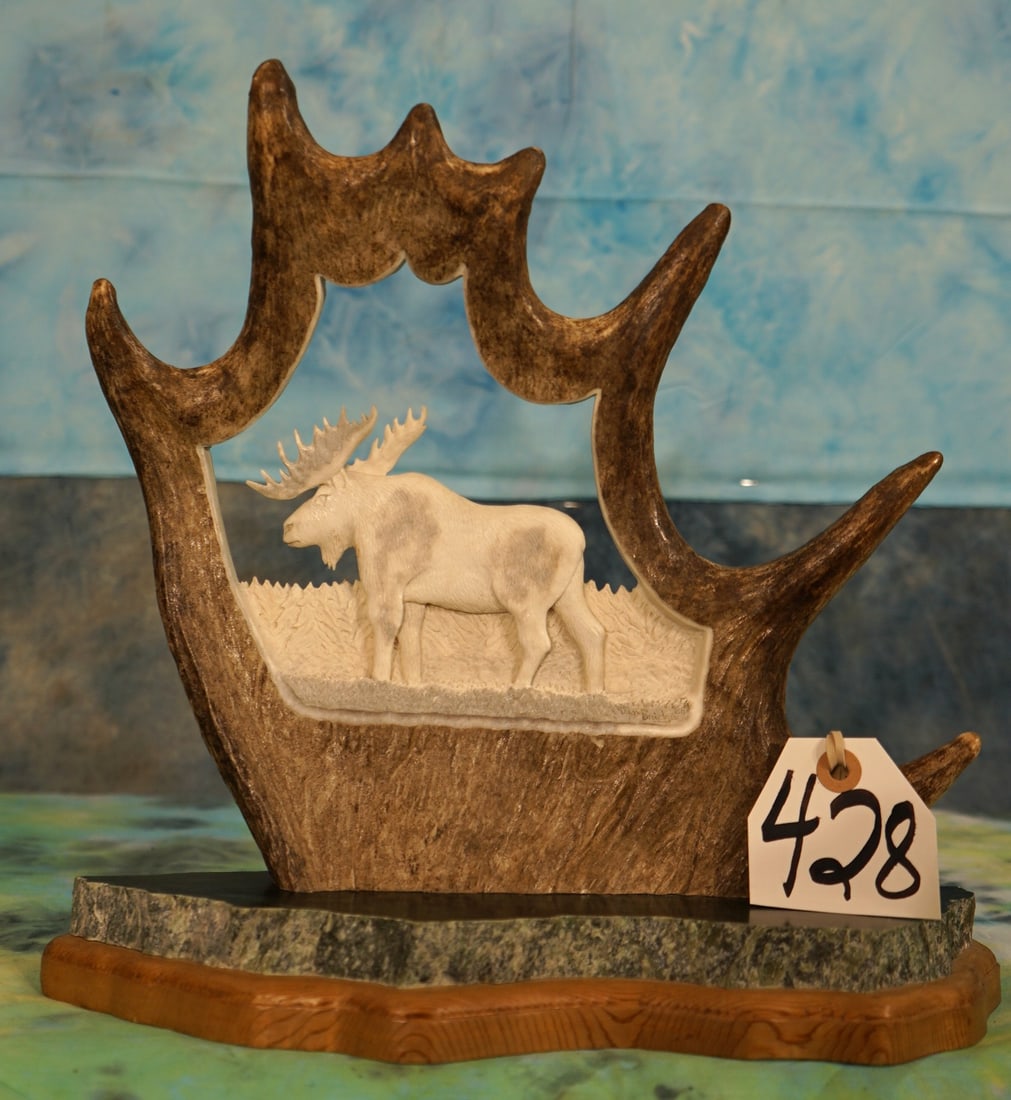 Very Nice Moose Antler Carving on Marble Base (1 of 3)