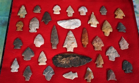 Large Display Case of 33 of G-5.5 to G-7.5 Authentic Artifact Arrowheads, Knives, & Spear Points