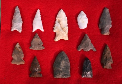 Display Case of 12 Authentic Paleo and Archaic Artifact Arrowheads