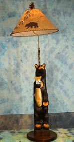Tall Wood Carved Bear Lamp with Large Decorative Shade