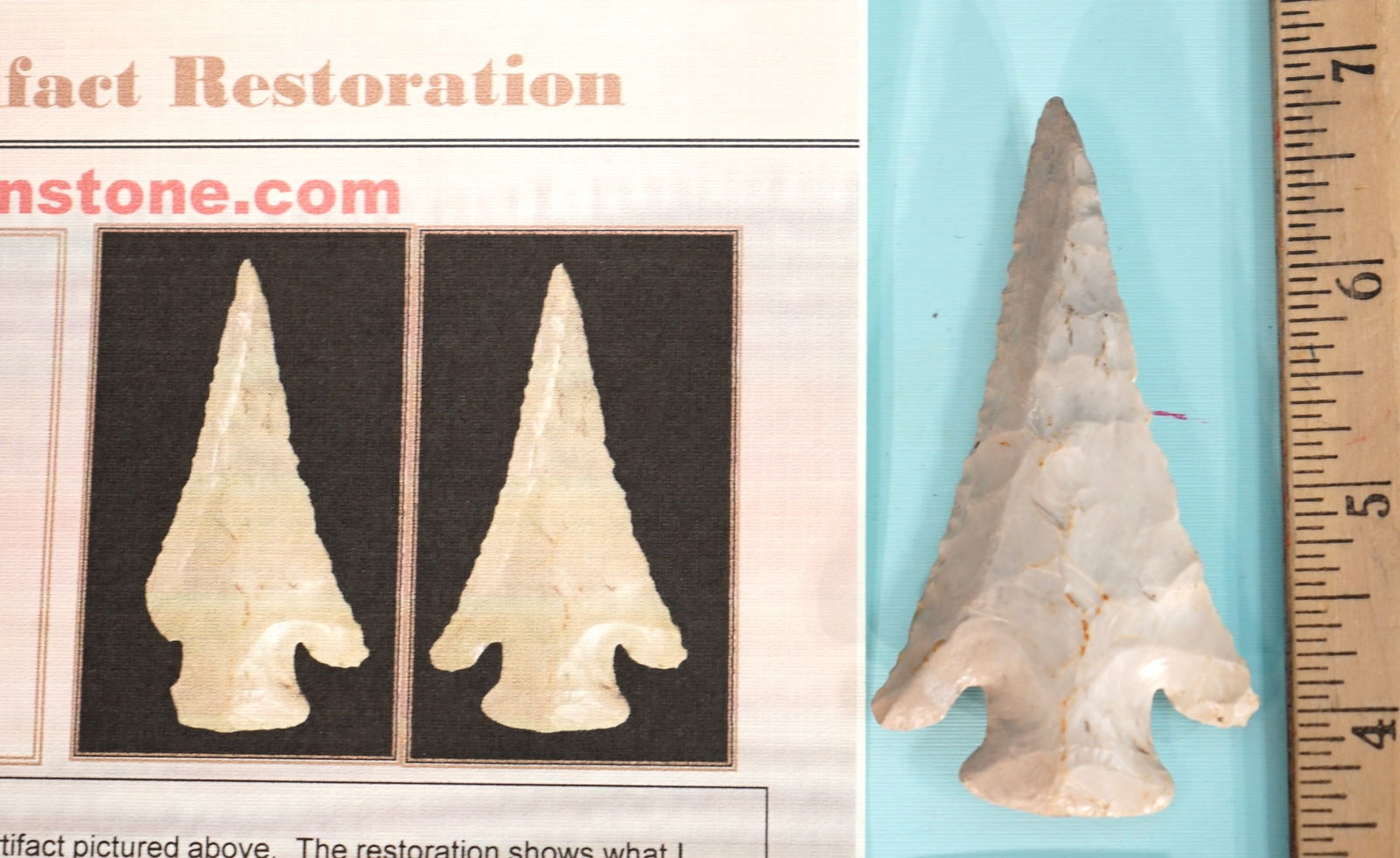 3 1/8" Authentic Lost Lake Archaic Spear Point Artifact Arrowhead from KY: This beautiful Artifact was made from Hornstone approximately 6,000 years ago or more. The left wing tip was restored and the artist did a perfect job. Lost Lakes are highly coveted by Artifact Collec