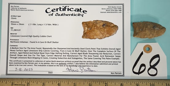 Awesome Clovis Point Authentic Paleo Period Artifact Arrowhead with COA