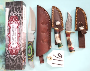 Three Brand New Hunting Knives with Good Leather Sheaths
