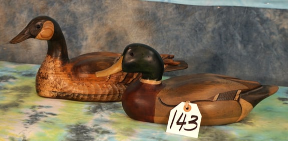 Mallard Drake & Young Canadian Goose Wood Carved Decoys