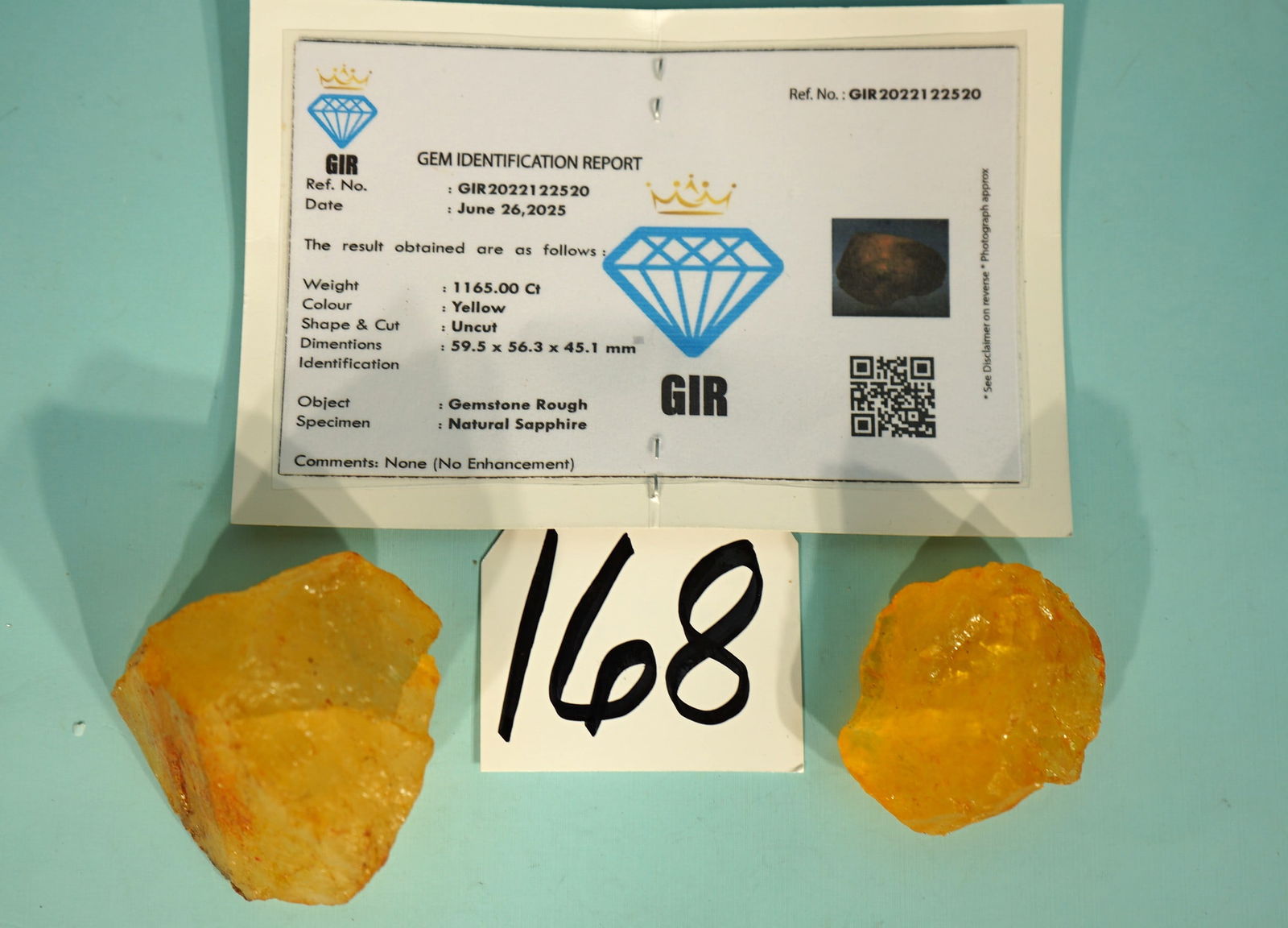 1165 Cts. of Rough Cut Yellow Gold Sapphire Gemstomes with GIR Certification Certificate (1 of 5)