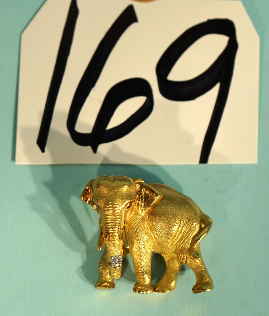 Gorgeous & Authentic 18K Yellow Gold Elephant Brooch with Real Ruby Eyes, & Diamond Tipped Trunk (1 of 5)