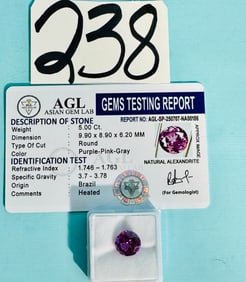 Round cut Loose 5.00cts. Brazilian Alexandrite color changing Gemstone with I.D. and Test Report