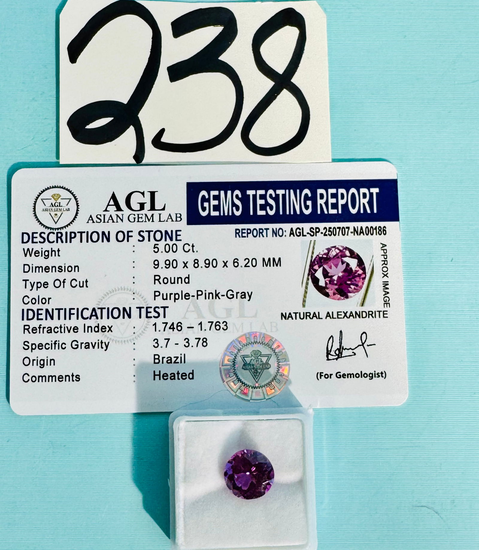 Round cut Loose 5.00cts. Brazilian Alexandrite color changing Gemstone with I.D. and Test Report (1 of 6)
