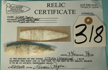 Authentic Trans-Paleo Agate Basin Spear Point Arrowhead Artifact with COA