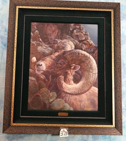 Desert Bighorn Ram Framed Print Called "Prickly Heat" by ViVi K. Crandall 1997