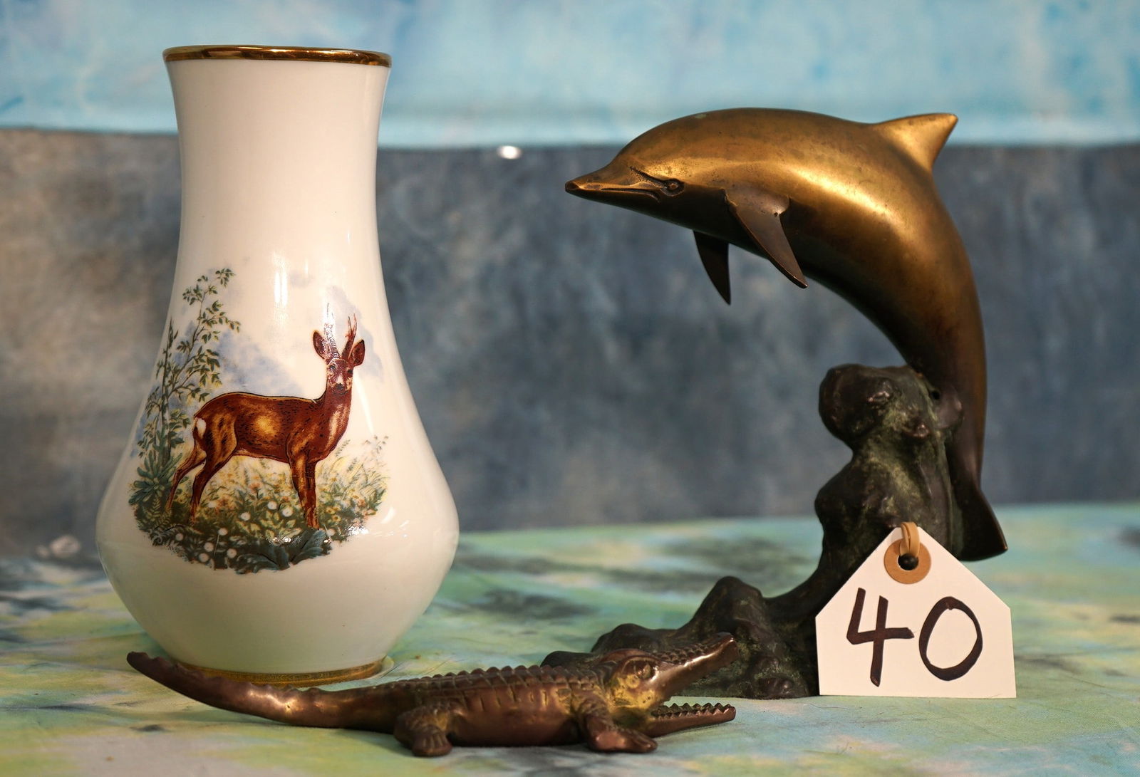 Brass Dolphin, Alligator, with European Roebuck Flower Vase Decor (1 of 3)