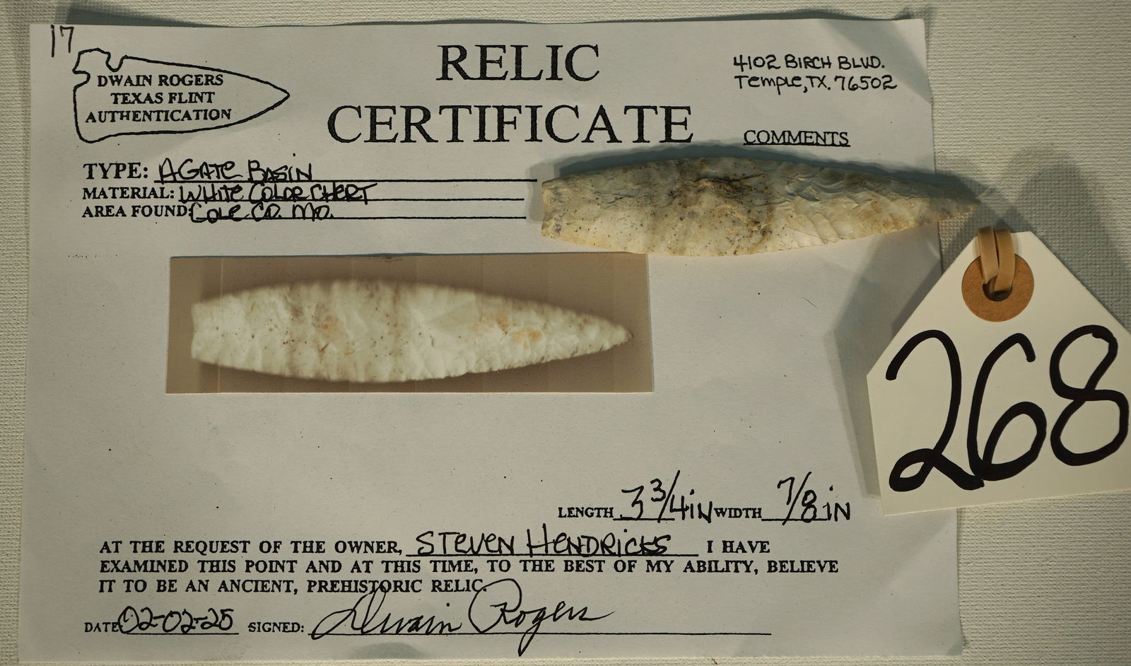 Authentic Paleo Period Agate Basin Indian Artifact Arrowhead with Rogers COA (1 of 3)