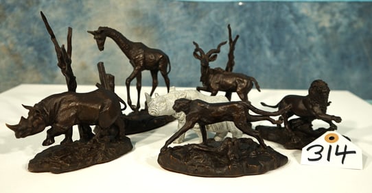 Five Small African Animal Bronzes with a Extra Animal Made of Soapstone