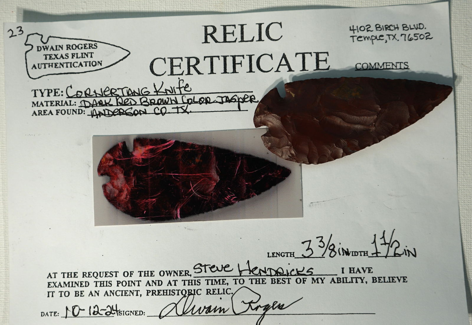 Authentic Texas Corner Tang Knife with Rogers COA Indian Arrowhead Artifact (1 of 4)