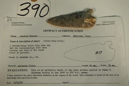 Rare Alibates Flint 3 1/2" Corner Tang Knife with Perino COA Authentic Indian Artifact Arrowhead